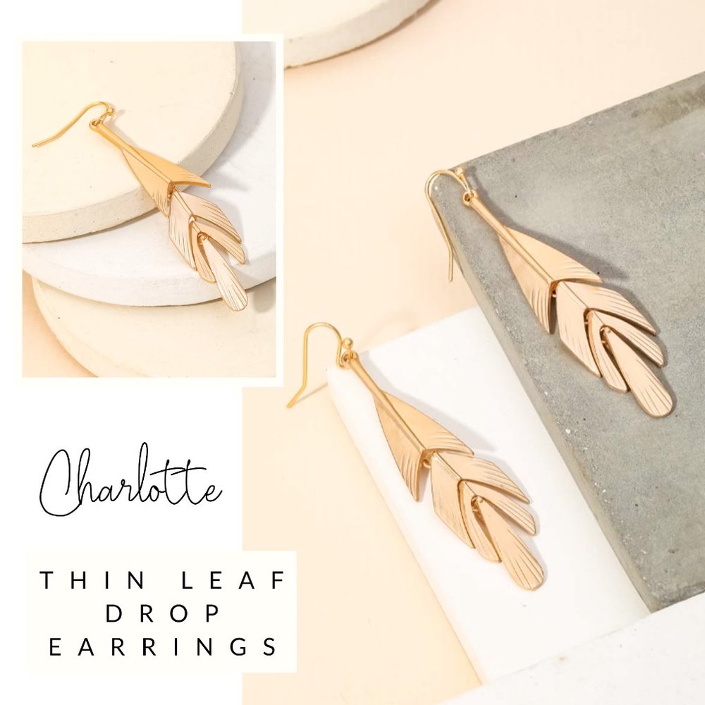 Charlotte Metallic Thin Leaf Drop Earrings